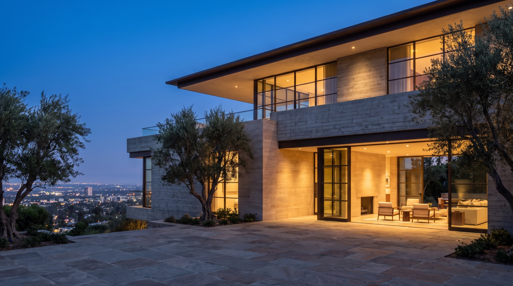 1411 Ridgemont Drive at dusk, seen from the motor court
