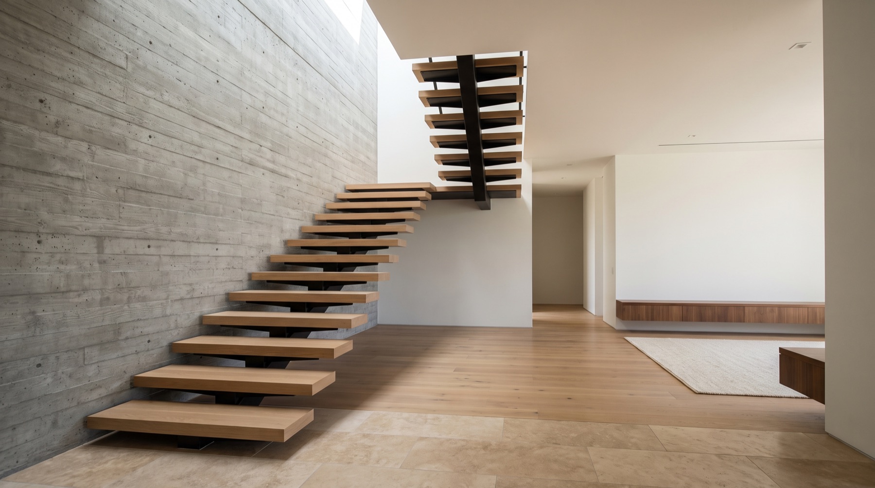 Double-height entry gallery with a floating oak stair
