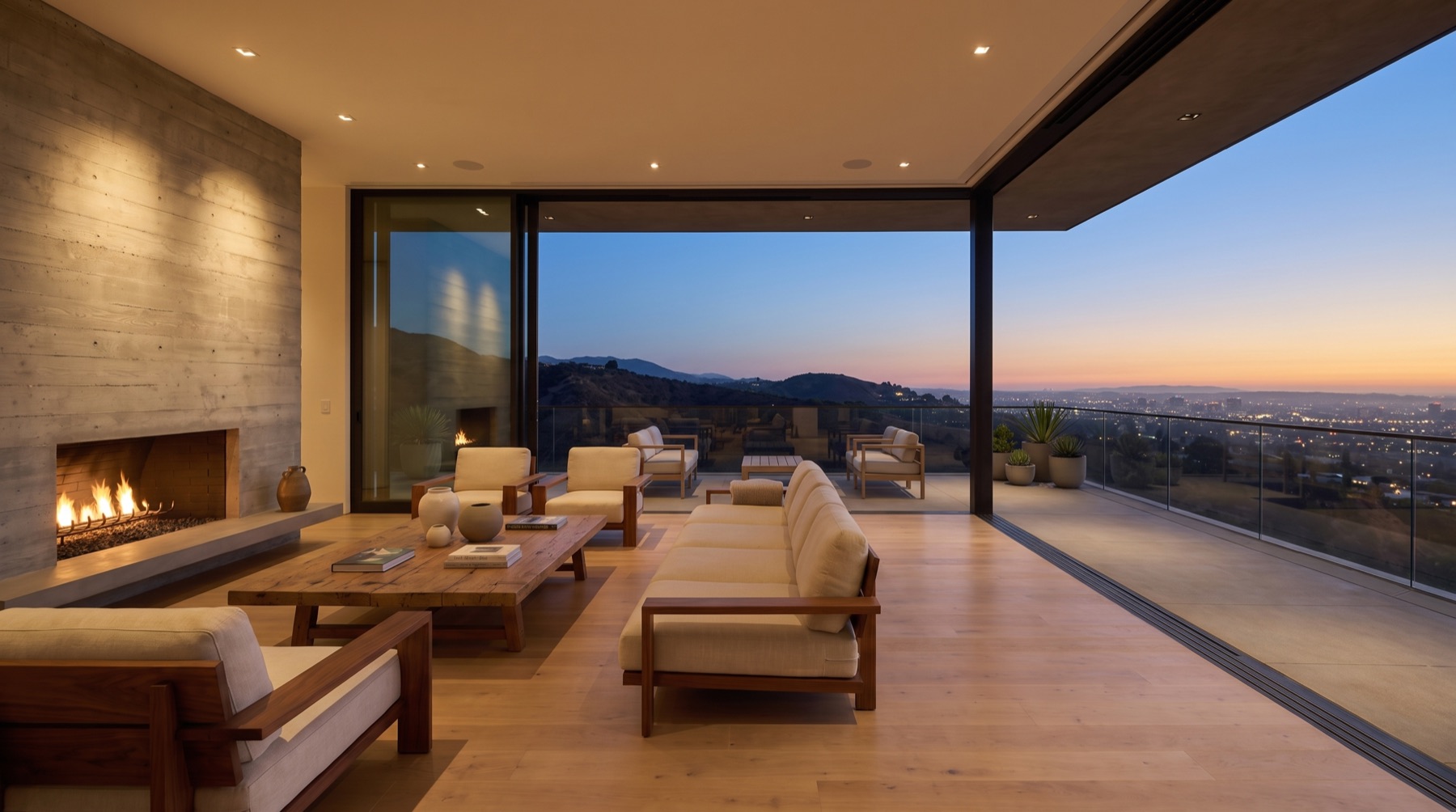 The same great room at seven in the evening with the city lit below