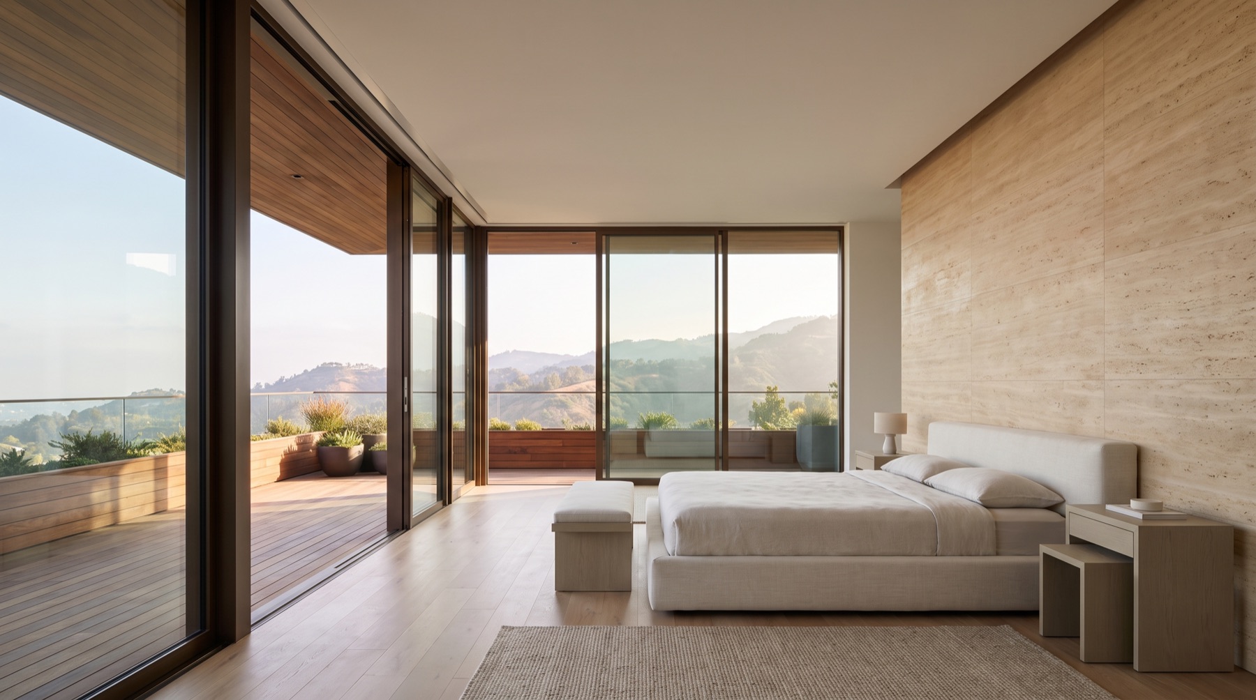 Primary bedroom opening to a private terrace